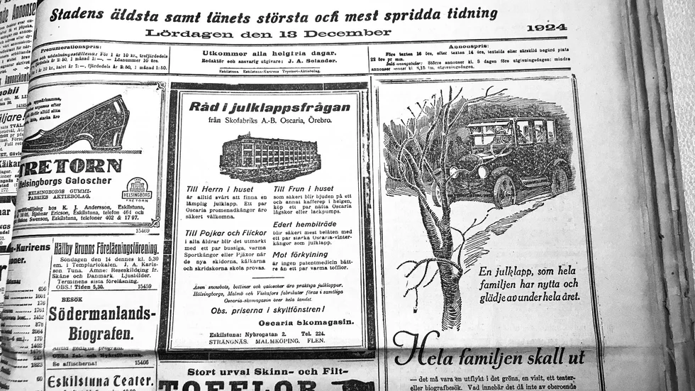 Eskilstuna-Kurirens förstasida 13 december 1924 är fylld med annonser inför jul.
