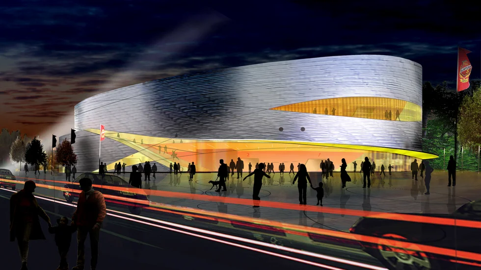 Så här blir det definitivt inte. Den ursprungliga arkitektskissen av Uppsala Arena.
