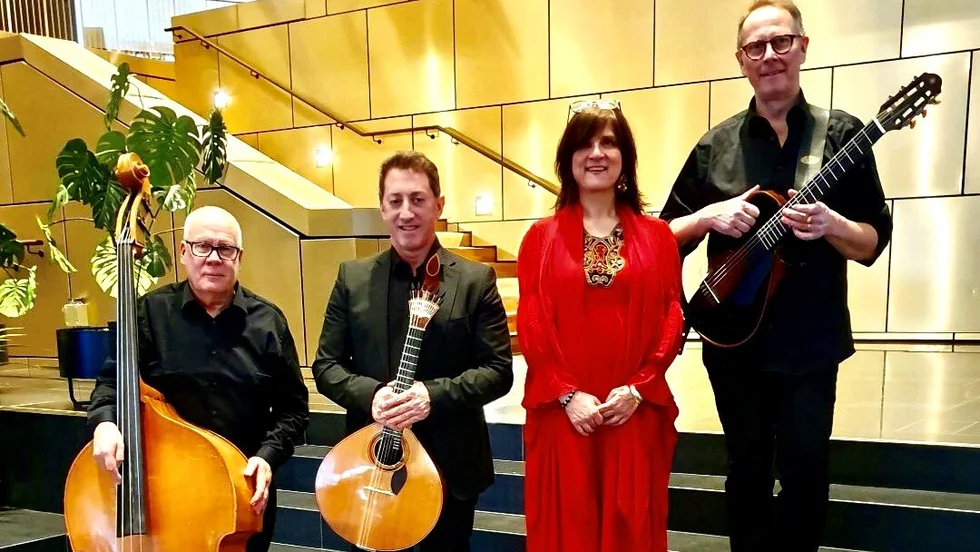 Munfado kommer till Piteå stads kyrka för konsert. Från vänster Gert Dahlström, José Duarte, Gun Olofsson och Tommy Lakso.