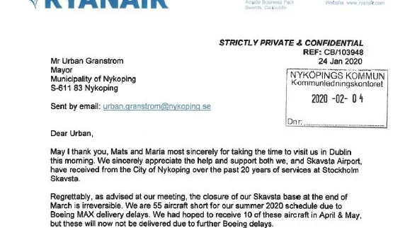 Ryanair vill se ett fortsatt samarbete med Nyköpings kommun med sikte på att avskaffa flygskatten. Det framgår av ett "konfidentiellt" brev som flygbolaget skickat till kommunalråd Urban Granström.