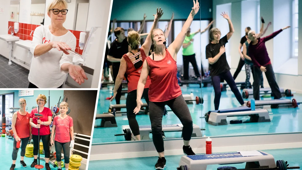 På Friskis och svettis i Katrineholm tränade folk som vanligt under torsdagen. Verksamhetschefen Ewa Lindström visar en av handspritspumparna medan instruktören Berit Landers och motionärerna Kia Gustafsson och Berit Werner förbereder sig inför sitt skivstångspass.