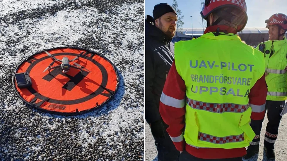 Tanken om att använda drönare vid brandbekämpning föddes i samband med skogsbränderna under sommaren 2018. Till höger i bild: servicetekniker Jörgen Lundberg och brandingenjör Fredrik Stahring.