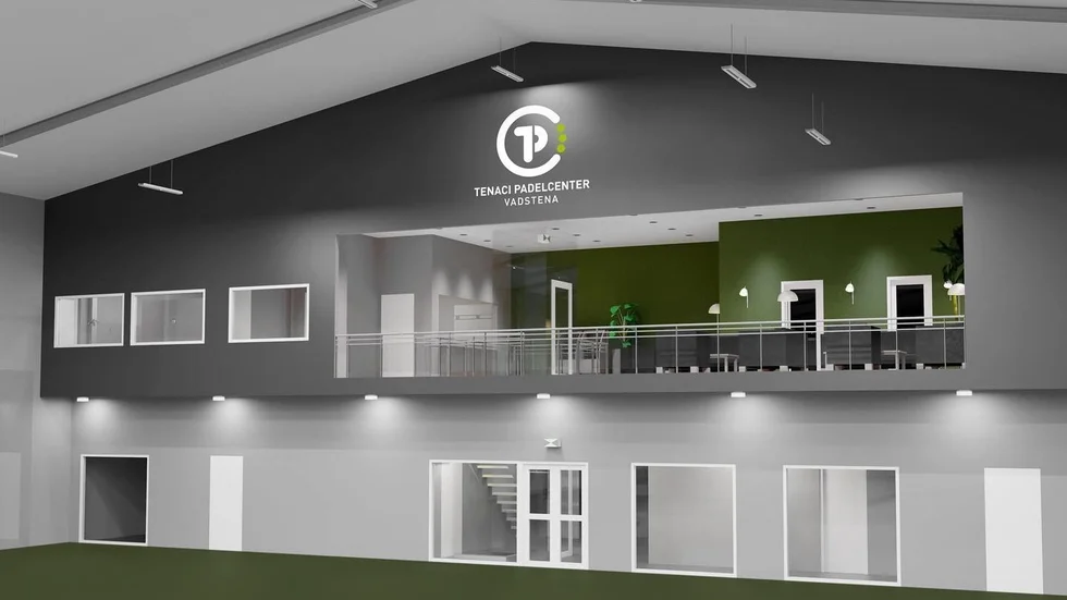 En ritning av det nya Tenaci padelcenter som ska öppna i Vadstena i höst. Fem banor kommer det att bli spel på. Bland annat blir det en singelbana.