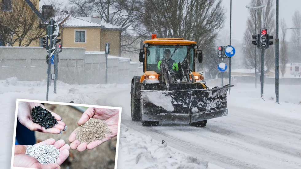 De tre "fraktionerna" som används av Region Gotland vid halkbekämpning (lilla bilden): Kalkstenskross (vitt) för gång- och cykelbanor, natursand (brunt) för Visby innerstad och övriga vägar och gator, och slutligen granitkross (svart), som köps in från fastlandet och just nu enbart används på gator och vägar runt Östercentrum. Stora bilden visar Solbergaleden en snöig dag 2017.