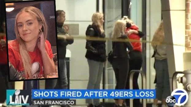 Älvsbybon Lovisa Olsson hamnade mitt i ett skottdrama under Super bowl-festen i söndags. Här fångas hon på bild av lokal-tv när hon kramas med skakade vänner efteråt.
