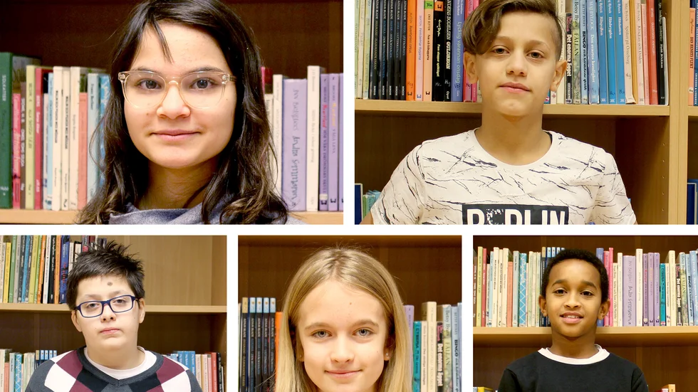 Några Nobelpristagare. Överst till vänster: Miranda Chcalesade, för godhet. Överst till höger: Ali Aldafiri, för vilja framåt. Nederst från vänster: Erman Begovic, för kunskap i historia, Julia Lindahl för  vilja framåt, Even Kidane för härligt temperament.