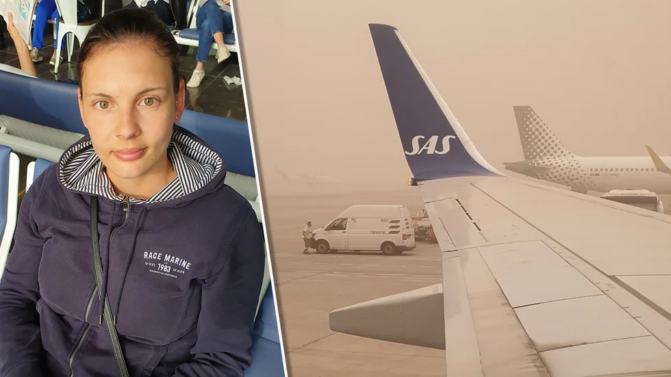 Linda Gårdestedt med familj från Eskilstuna är fast på flygplatsen på Gran Canaria efter sandstormen.