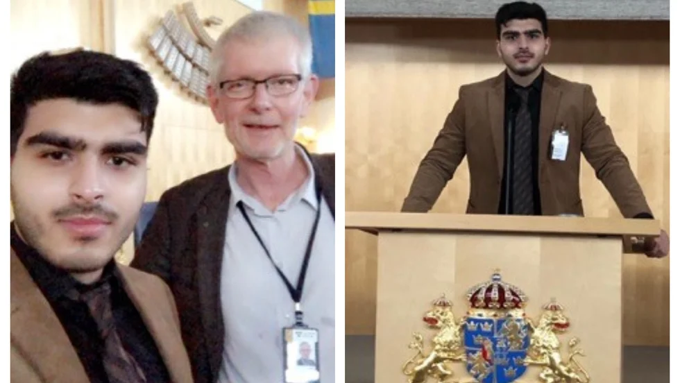 Anders Åkesson visade runt sin praktikant Maiwand Shokran i kammaren, där han fick prova på talarstolen. 
