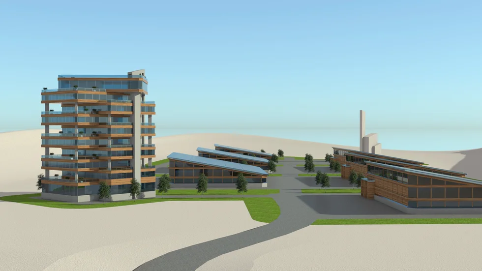 En första visionsbild över hur den nya industriparken kan komma att se ut. Den stora kontorsbyggnaden planeras bli upp till tio våningar hög och ska bland annat innehålla kontor, konferenslokaler och matsal. 
