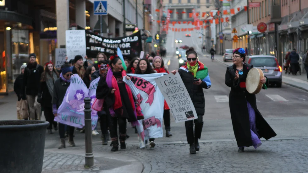 Organisationen Chile El Pueblo Unido från Uppsala demonstrerade under parollen "Stoppa kvinnovåldet - inte en till".