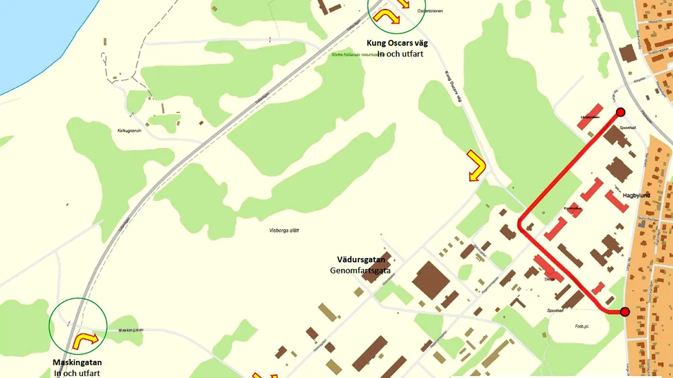 Kartan visar de rekommenderade infartsvägarna för tung trafik som ska till Visborg. Visborgsallén har rödmarkerats och är alltså den gata där tung trafik är förbjuden.