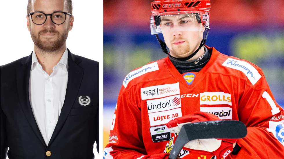 Almtuna har lånat Hampus Harlestam från Oskarshamn hela säsongen men släpar efter med betalningar till SHL-klubben. T v Oskarshamns klubbchef Martin Åkerberg.