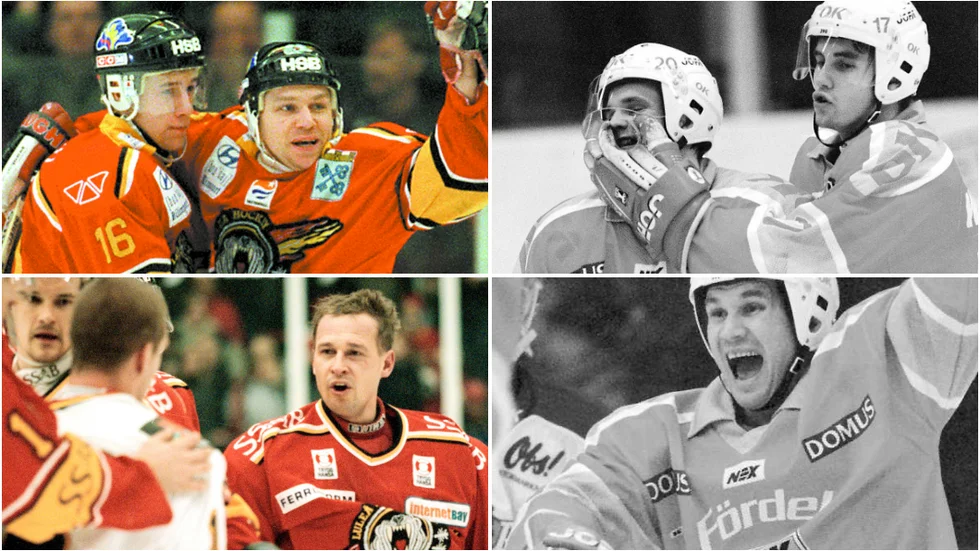 Luleå Hockeys guldhjältar från 1996 ska möta Bodens IK:s kvallag från 1994 i en uppvisningsmatch. På kollaget synsa från vänster: Mattias Öhlund och Lasse Hurtig i Luleås tröjor. Robert Wallmark och Peter Widgren i Bodens och nedre bilden förre Luleåmålvakten Jarmo Myllys och Bodens Igor Matushkin. 