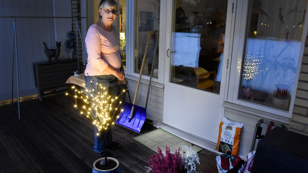 Gunilla Rutberg, 70, på Björkskatan tittade ut och såg hunden kika upp från dörrmattan utanför hennes altandörr. "Jag blev jätteöverraskad", säger hon.  