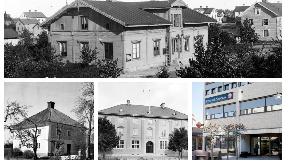 Oppundabanken, i dag Sörmlands sparbank, har huserat på flera adresser i Katrineholms kommun. På Norr (stora bilden) och (från vänster) Stensjö, Köpmangatan och Köpmangatan.