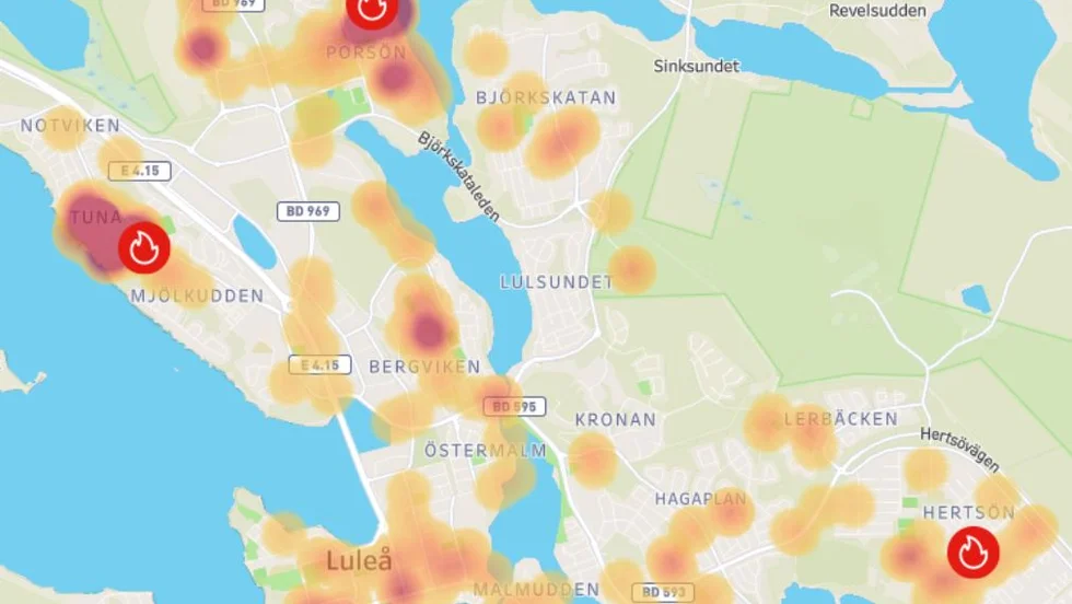 Kartan visar var deltagarna har larmat om otrygga paltser. 