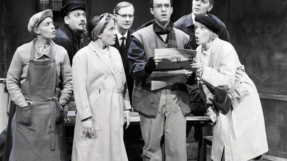 Nybergs mekaniska verkstad, från vänster: Maria Pontén, Jonas Hellman Driessen, Kristine Gulbrandsen, Roger Storm, Josef Törner, Kalle Nyman och Karin Paulin.