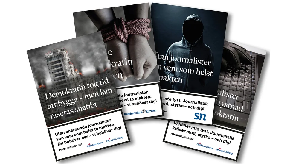 Bilderna i kampanjen hämtar inspiration från varningarna som finns på cigarettpaket. "Tanken är att man ska haja till när man ser det, säger Lena Kågström, grafisk designer på Sörmlands Media.