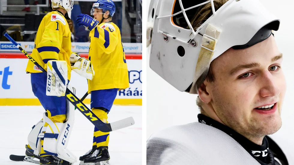Almtunas Jesper Eliasson fick vakta det svenska målet mot Kazakstan och räddade 17 skott. Till vänster klappas han om av uppländske backen Rasmus Sandin.