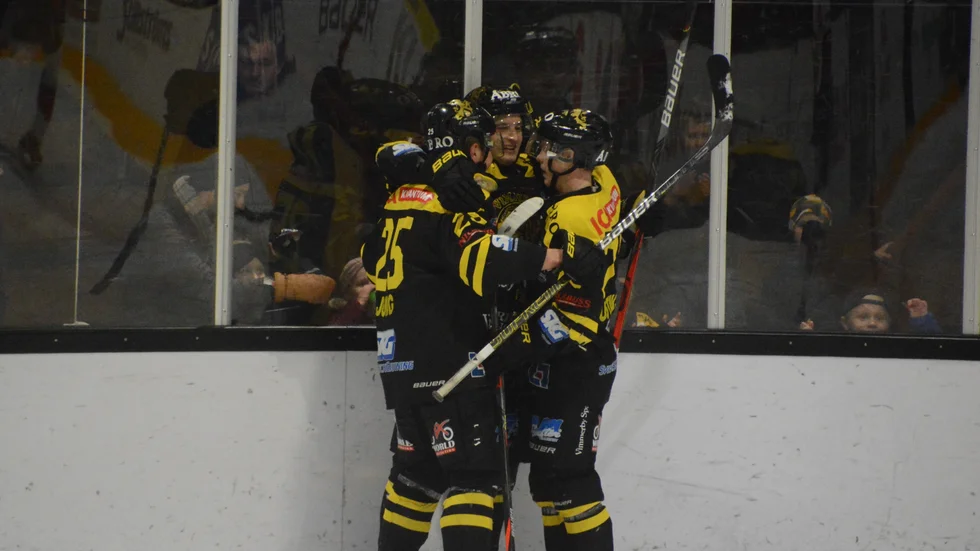 Vimmerby Hockey besegrade Borås med 2-1. Här firar de Roman Semjonovs avgörande 2-1-mål.