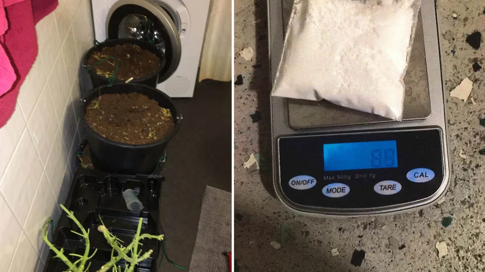 Hinkar med jord i badrummet och påsar med narkotika hittades i mannens lägenhet. Bilder ur polisens förundersökning. 