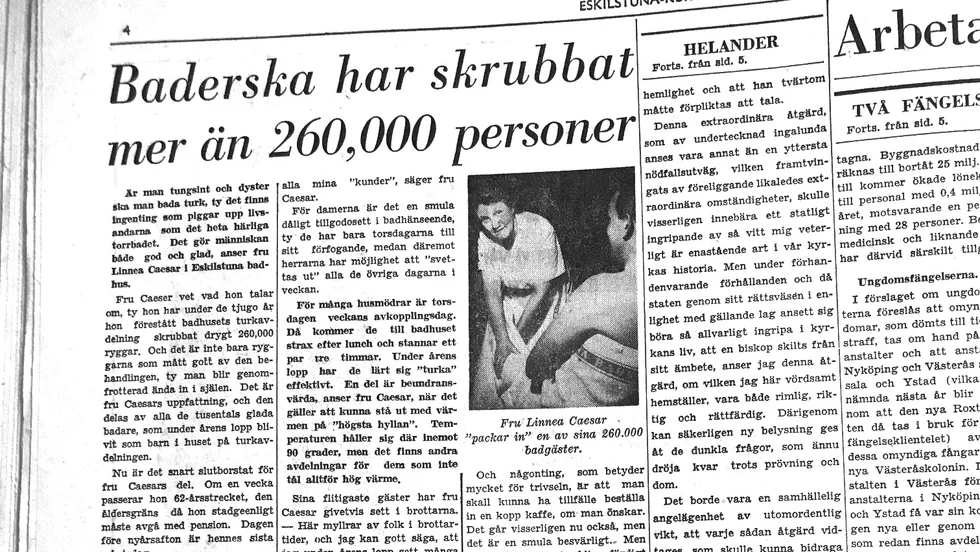 Tisdagen den 14 december 1954 fanns en artikel i Eskilstuna-Kuriren som handlade om baderskan Linnea Caesar.