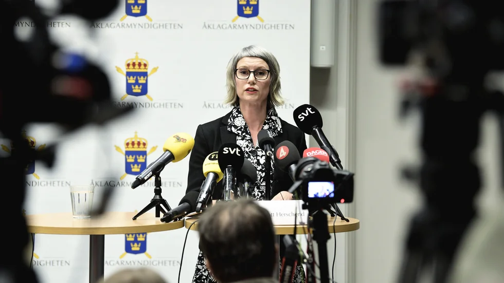 Åklagare Liselott Herschend under den pressträff som anordnades med anledningen av att åklagarmyndigheten väckt åtal mot tre före detta pastorer i Knutbyförsamlingen.