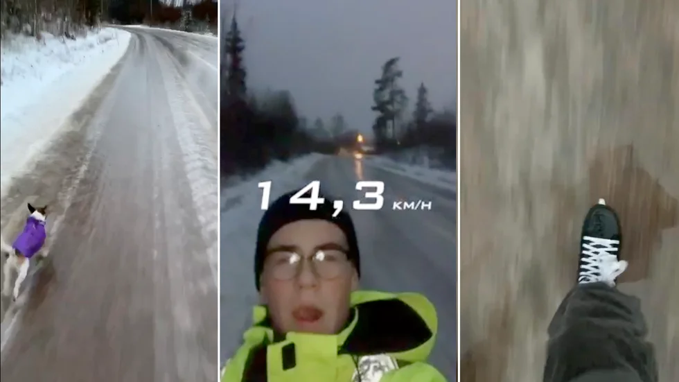 Oskar Ejdvinsson testade att åka skridskor på vägen genom Marmorbyn. "Jag har aldrig sett vägen så hal."