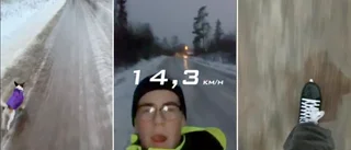 Här åker Oskar skridskor på vägen