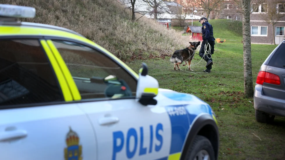Området runt lägenheten där den döde mannen hittades genomsöktes bland annat med hjälp av polisens kriminalsökhund. 
