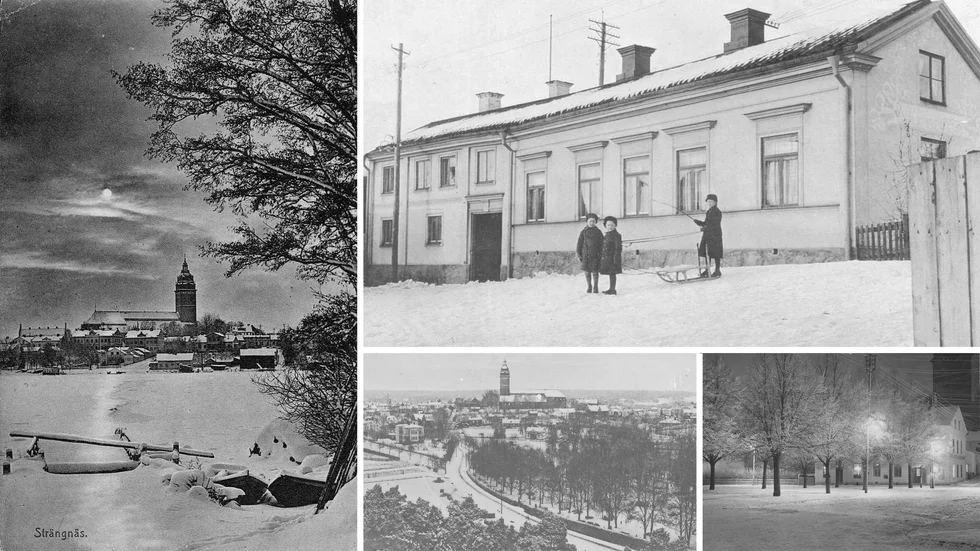 Strängnäs, tidigt 1900-tal. Vid Blåbandsföreningens hus, nu Viljansgården, har en mamma selat på sina flickor vid en kälke. Nere till höger syns Ekstedts & Frankes järnhandel, nu Europaskolans matsal.