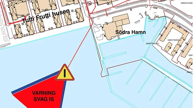 Risk för svag is i markerat område.