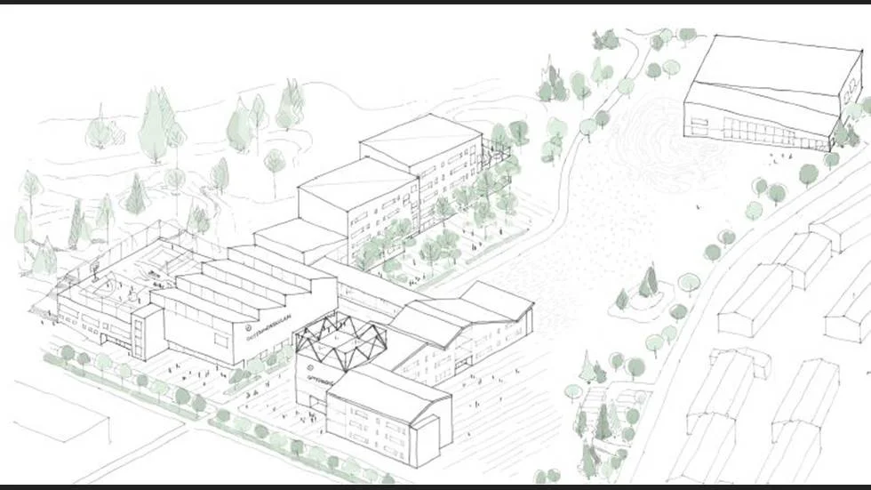 Preliminär skiss över det planerade skolområdet som ska ersätta nedbrunna Gottsundaskolan.