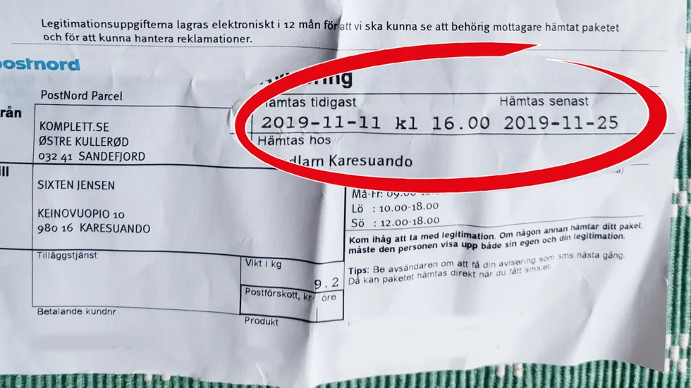 På avin står att Sixten Jensen kan hämta sitt paket i Karesuando mellan den 11 november och den 25 november.