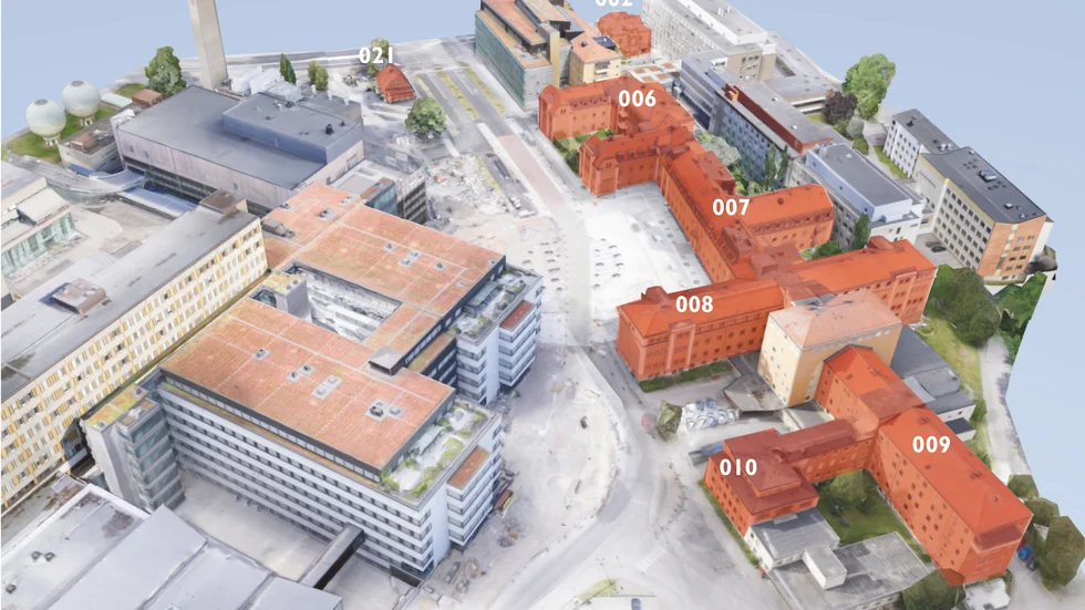 De rödmarkerade husen är extra bevaransvärda, enligt den antikvariska utredningen som utförts av WSP och Fredriksson Arkitektkontor. Nr 10 och 9 längst ner i bild är gamla barnsjukhuset respektive kvinnokliniken.