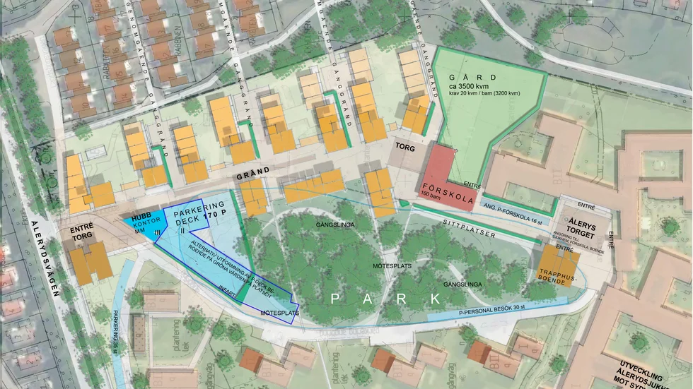 Bostäder, förskola och p-hus ingår i Bonavas och Lejonfastigheters planer för Åleryd. Lejonfastigheter vill också göra det möjligt att bygga ut vårdboendet på gräsytan mot Vistvägen om behovet finns i framtiden.