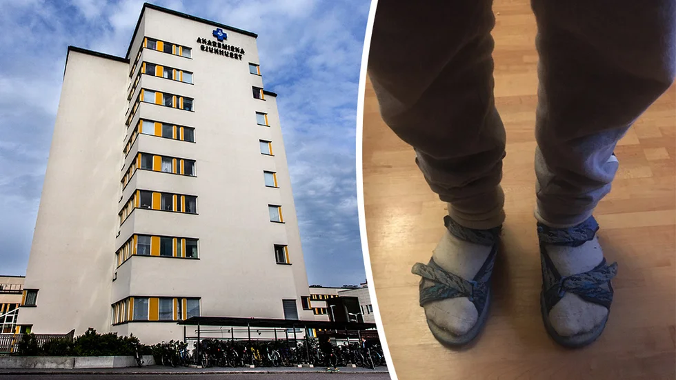 Såhär har Adrian fått gå utomhus sedan i våras. "Jag vill bara ha min operation så jag slipper ha ont och så att jag kan ha skor på mig igen", säger han.