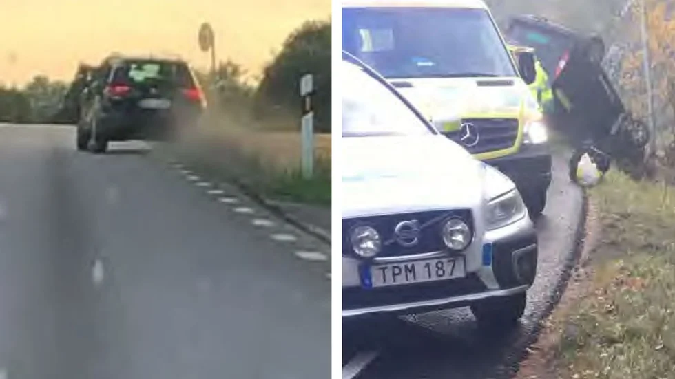 En 39-årig man har varit inblandad i flera trafikincidenter. Den 25 augusti i fjol var han, enligt åklagaren, påverkad av alkohol när han körde bil utanför Vadstena (bilden till vänster). Den 13 oktober 2018 körde 39-åringen av vägen och voltade (bilden till höger).  