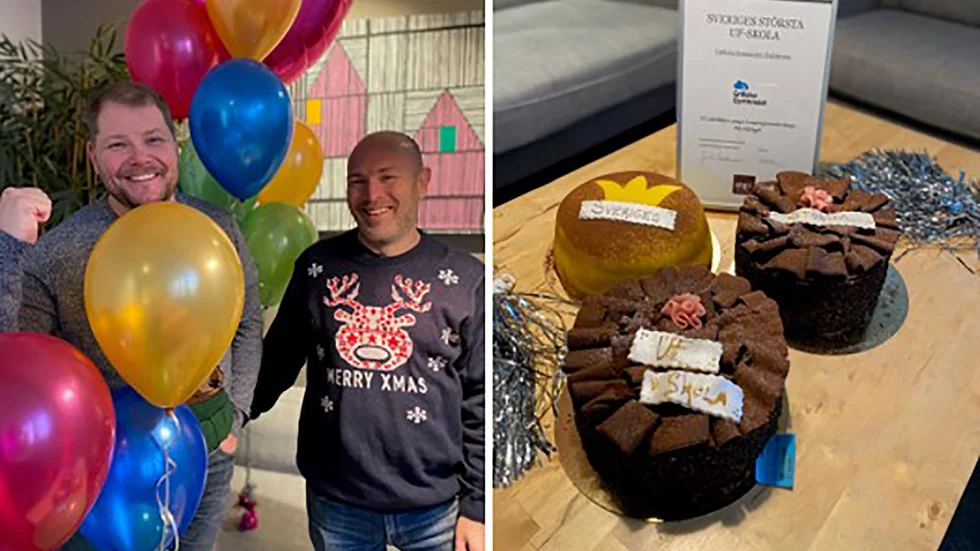 Glada UF-lärare på Grillska gymnasiet. Till vänster Jani Pokkinen och till höger Tobias Englund. 