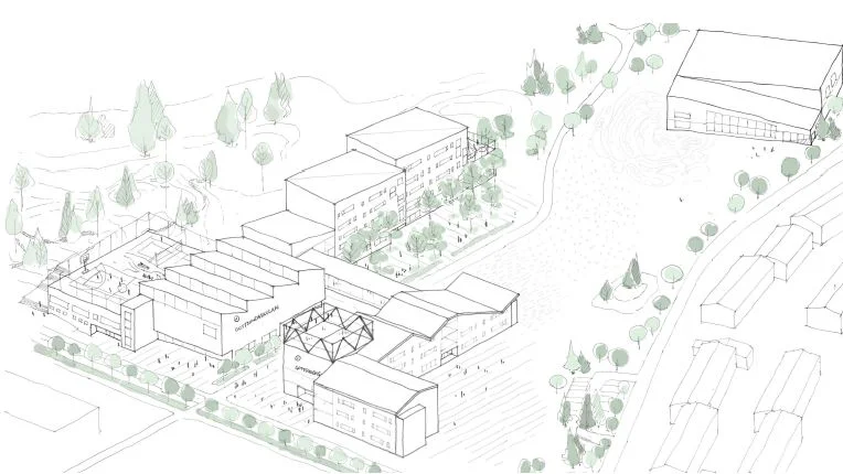 Preliminär skiss över det planerade skolområdet som ska ersätta nedbrunna Gottsundaskolan. 