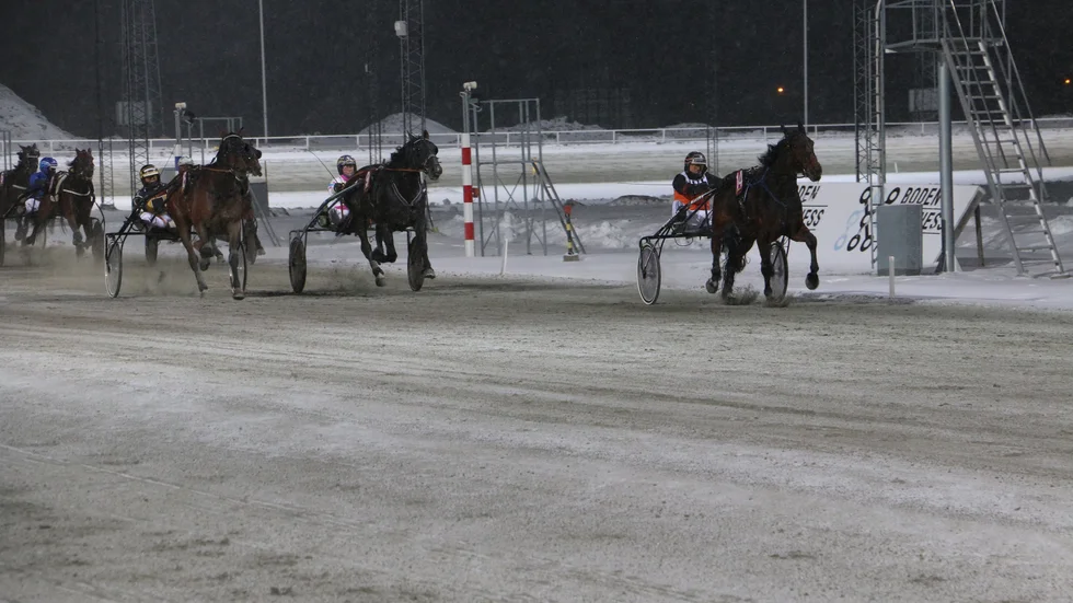 Lucky Cloud (Ove A Lindqvist) håller undan i V64-5 för Proud L.A (Gunnel Fredriksson) och Gaius F (Sandra Eriksson).