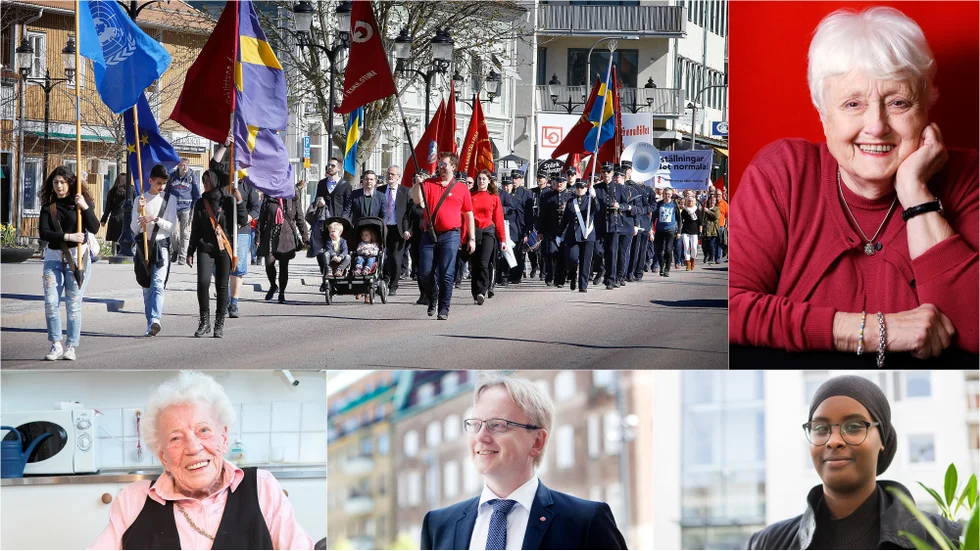 Första maj-tåg i Eskilstuna 2017. Maj-Lis Lööw har ofta talat på första maj. Inger Hjelm gick med i 70 år. Fredrik Olovsson tror att dagen har stor betydelse och Mariam Yassin började gå med sin pappa.