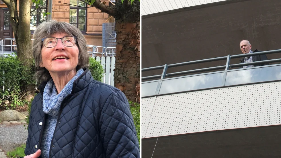 Viola Larsson får träffa sin make Lasse Larsson på avstånd. Hon står på gården och han står på äldreboendets balkong på andra våningen. 