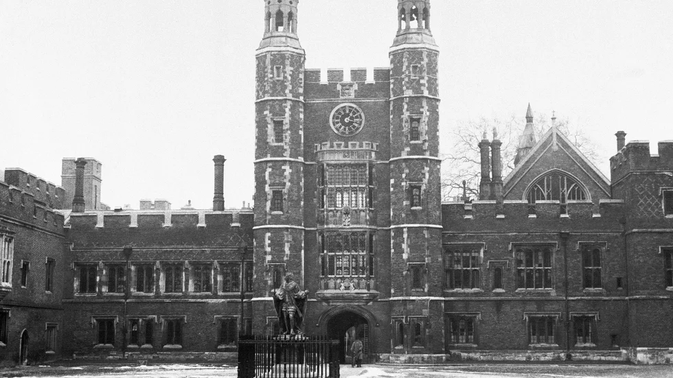 Eton, den mest prestigefyllda privatskolan i England, som den såg ut 1955. Arkivbild.