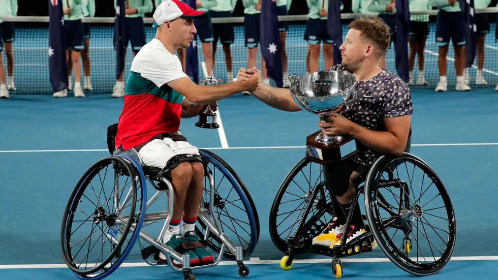 Världsettan Dylan Alcott, till höger, har varit en av de högljuddaste rösterna mot att rullstolstennisen inte skulle få delta på US Open. Arkivbild,
