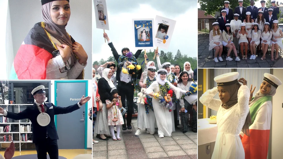 Studentfirande i Flen i lördags. Till vänster: Stipendiaterna Hibatollah Mohnna och Linus Knutsson. Till höger: Studentfotografering samt foto på Samira Abdillahi och Muna Omar Aden.