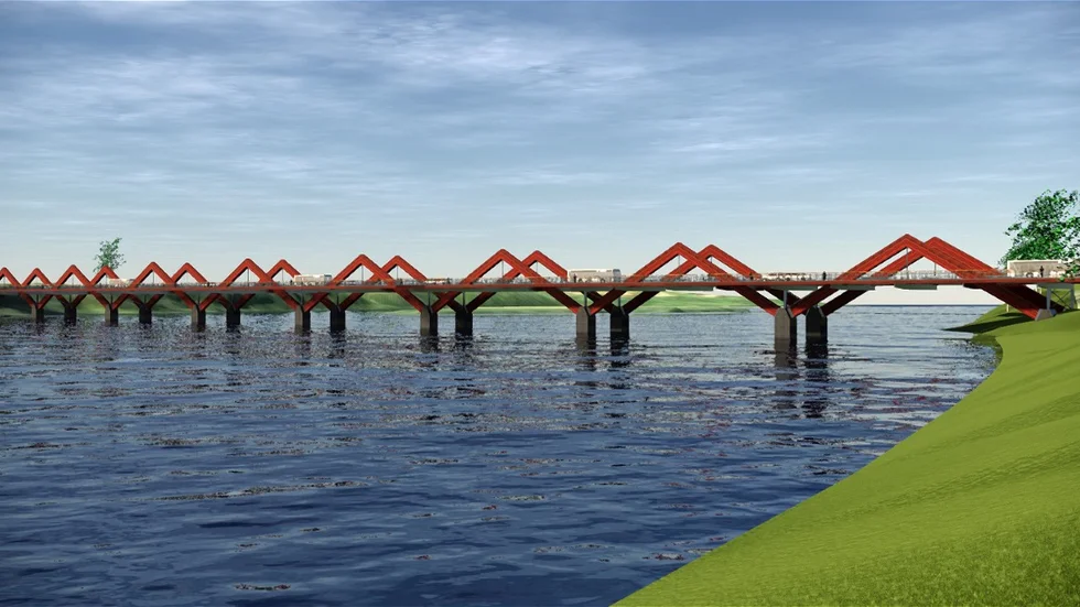 Karlgårdsbron byggs av trä och ska se ut så här. Gestaltningen är vald för att likna Lejonströmsbron, och bestämdes för många år sedan. 