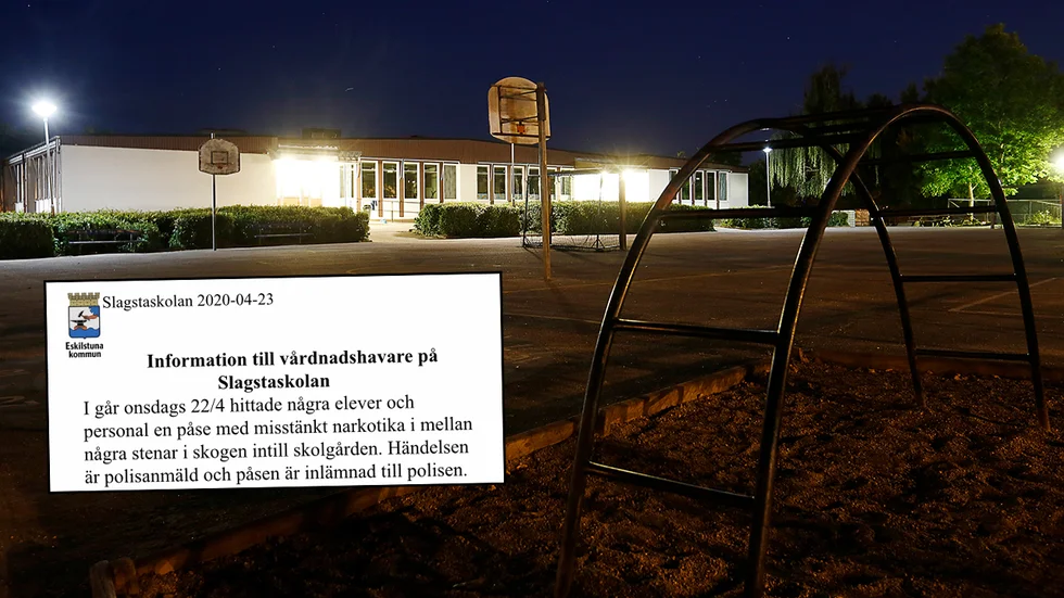 En grupp lekande barn påträffade förra veckan en påse med misstänkt narkotika i anslutning till Slagstaskolans skolgård.