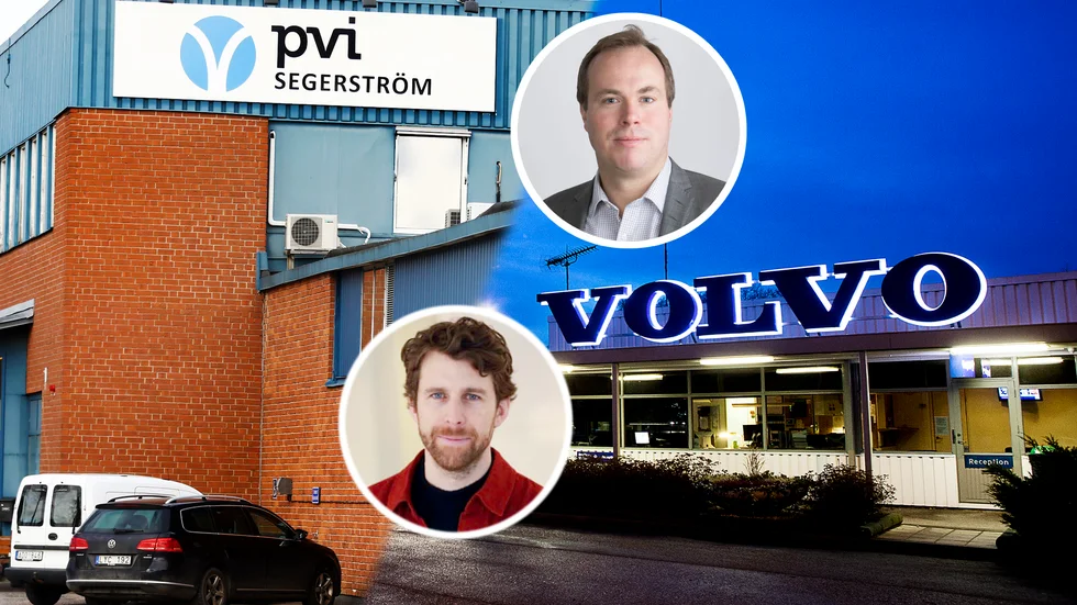 PVI Segerström och Volvo CE är två av många företag i Eskilstuna som har korttidspermiterat anställda. Tim Brooks, chef avdelningen Företag på Tillväxtverket, överst i bild, samt Niklas Kjellberg. 