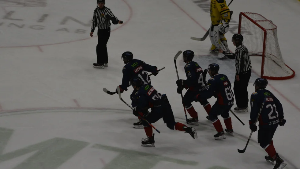Halmstad Hammers vann premiären mot Vimmerby. Här har de precis gjort ett av sina fyra mål. 